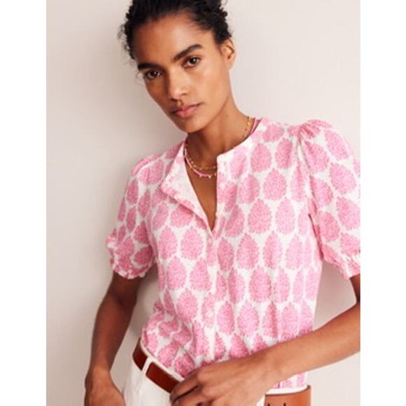 Boden Tops - Boden Dolly Sangria Sunset Puff Sleeve Jersey Paisley Pink & White Shirt Size 8